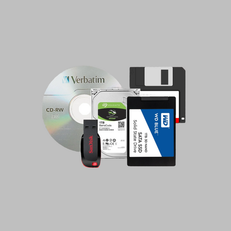 USB Sticks, HDDs, SSDs, Floppy Disks, CD/DVDs